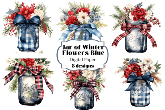 Mason Jar Blue Watercolor Winter Flowers