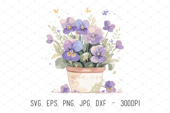 Potted Violet Flowers Watercolor Clipart