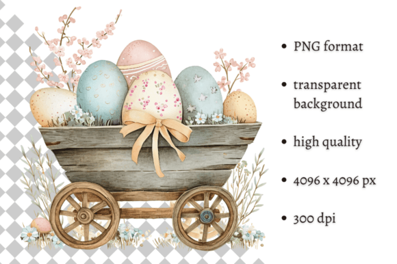 Watercolor Easter Eggs Wheelbarrow PNG